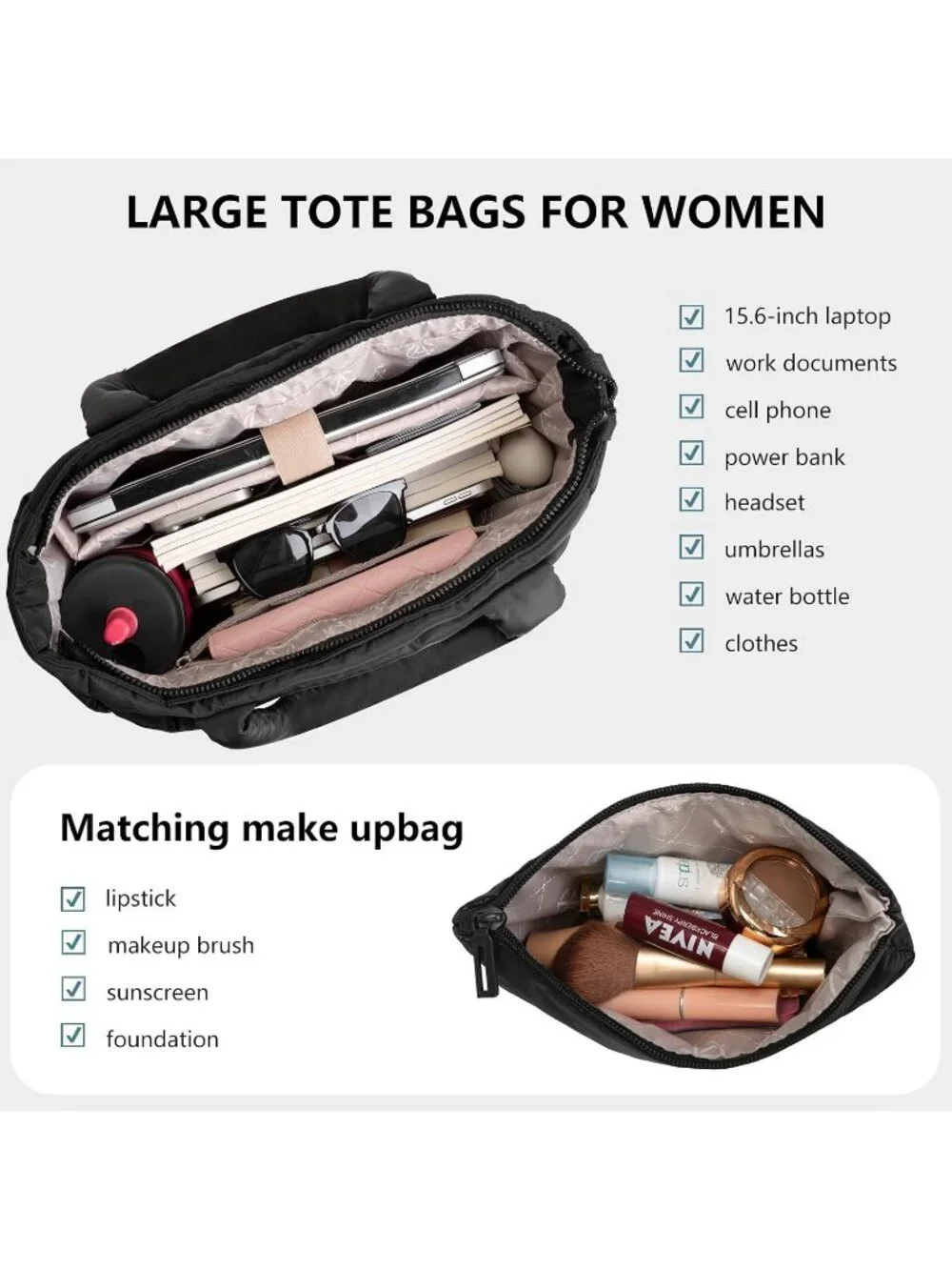 👜Women's Black Set Quilted Puffer Tote Bag Lightweight Work For Travel Handbags